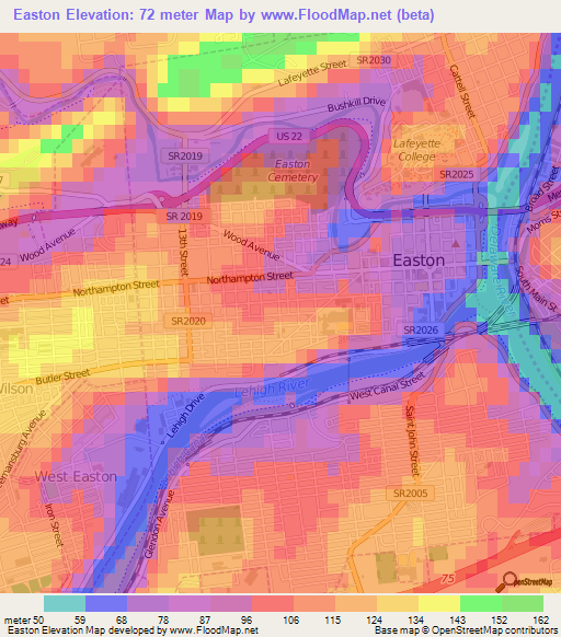 Easton,US Elevation Map