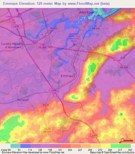 Emmaus,US Elevation Map