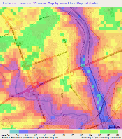 Fullerton,US Elevation Map