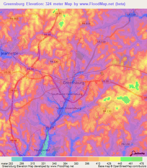 Greensburg,US Elevation Map