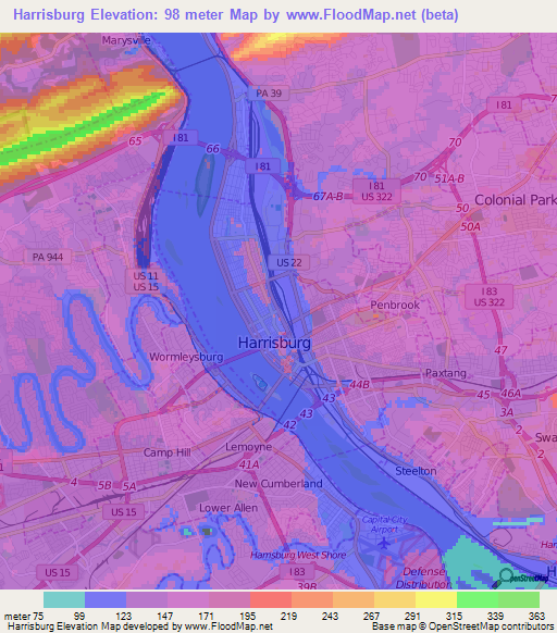 Harrisburg,US Elevation Map