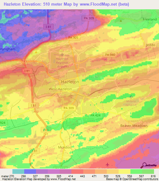 Hazleton,US Elevation Map