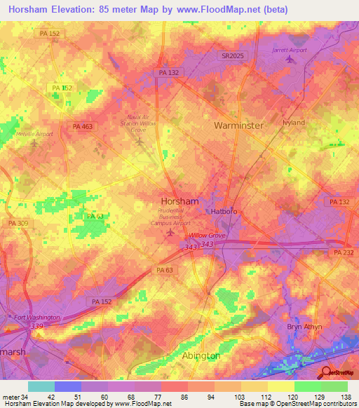 Horsham,US Elevation Map