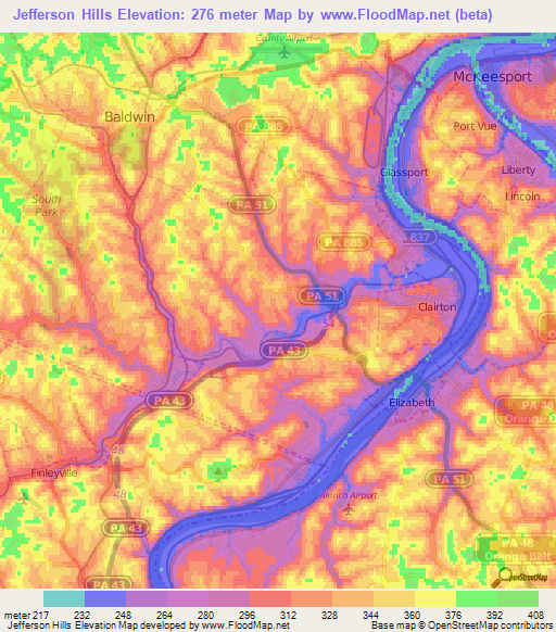 Jefferson Hills,US Elevation Map