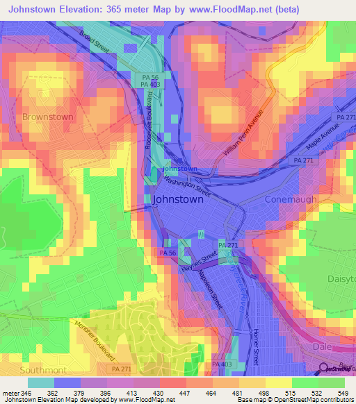 Johnstown,US Elevation Map