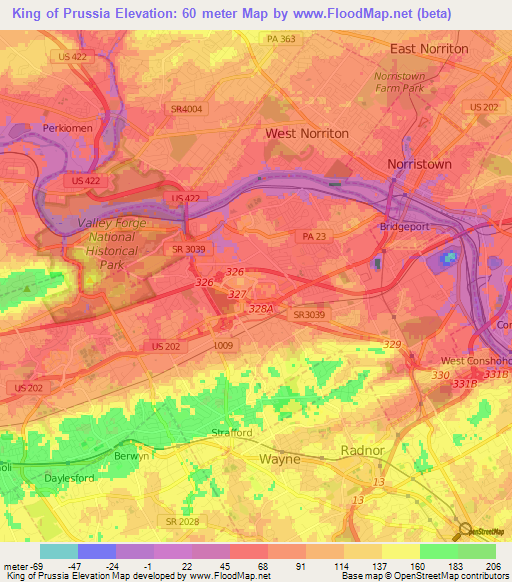 King of Prussia,US Elevation Map