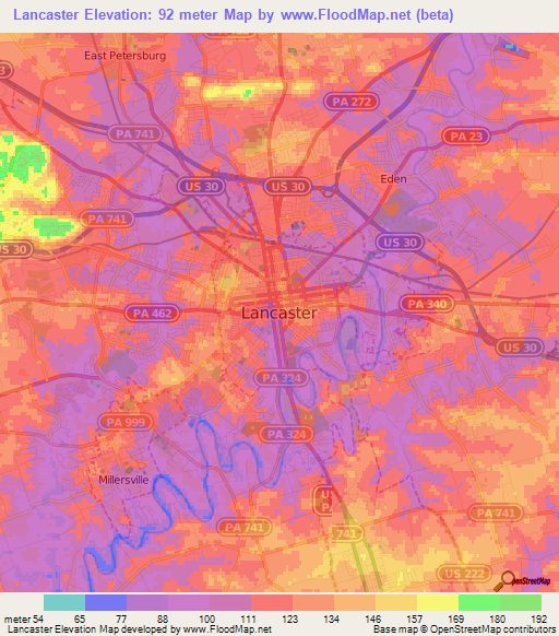 Lancaster,US Elevation Map