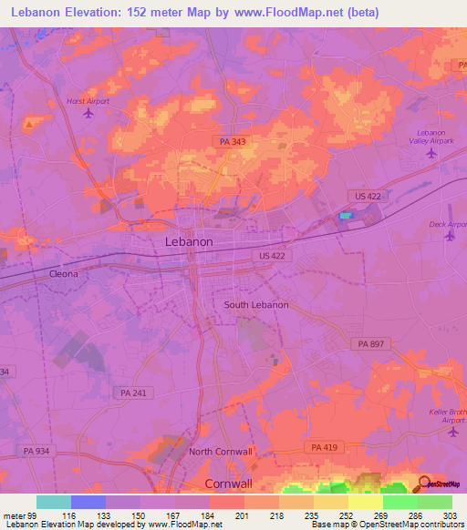 Lebanon,US Elevation Map