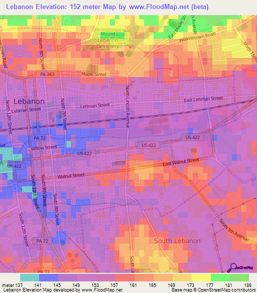 Lebanon,US Elevation Map