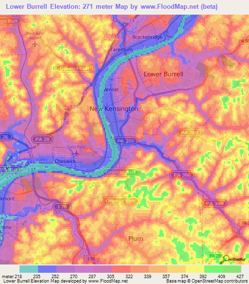 Lower Burrell,US Elevation Map