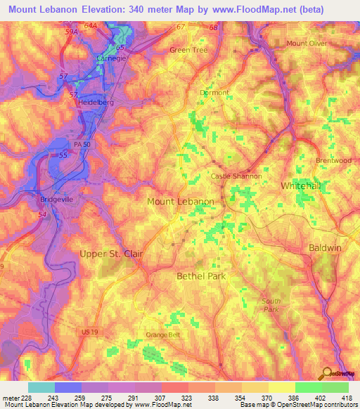 Mount Lebanon,US Elevation Map