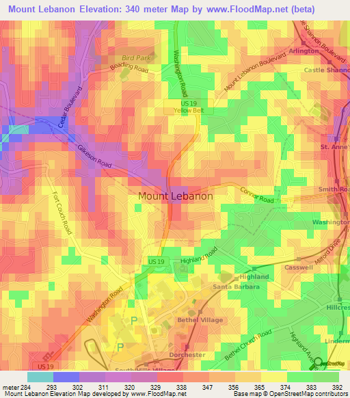 Mount Lebanon,US Elevation Map