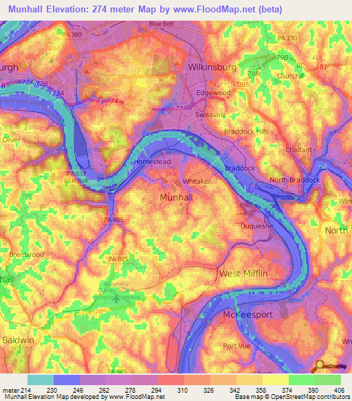 Munhall,US Elevation Map