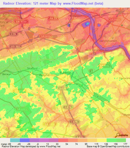 Radnor,US Elevation Map