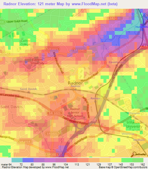 Radnor,US Elevation Map