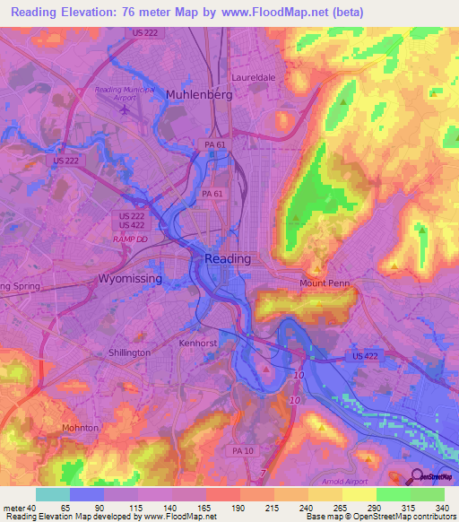 Reading,US Elevation Map