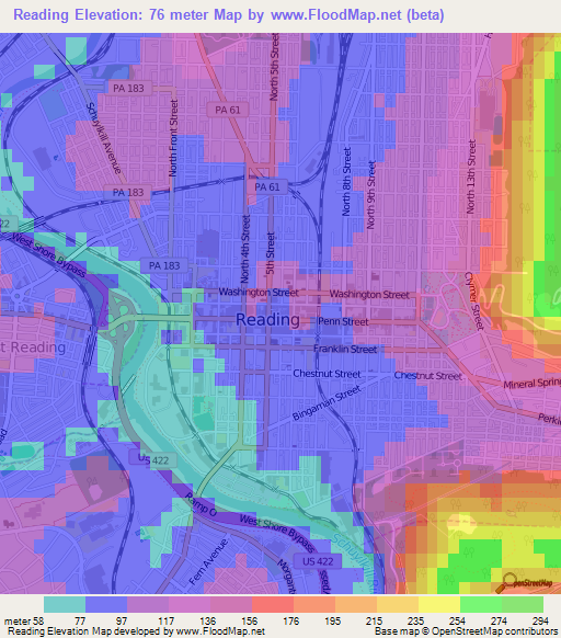 Reading,US Elevation Map