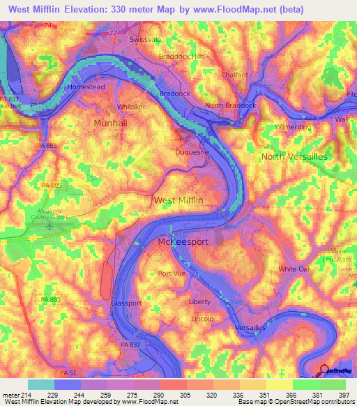 West Mifflin,US Elevation Map