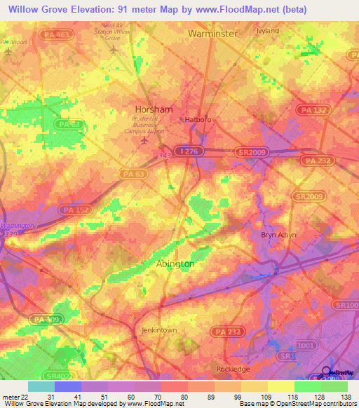 Willow Grove,US Elevation Map