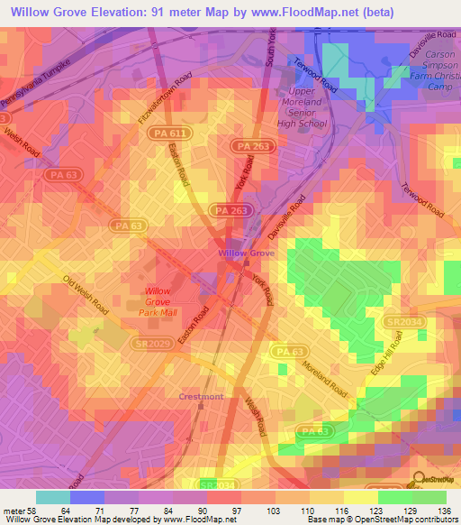 Willow Grove,US Elevation Map