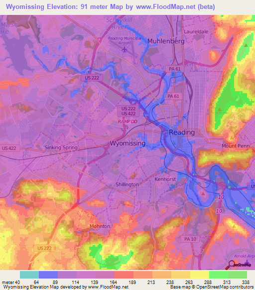 Wyomissing,US Elevation Map