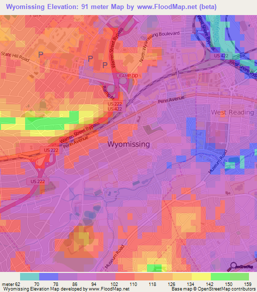 Wyomissing,US Elevation Map