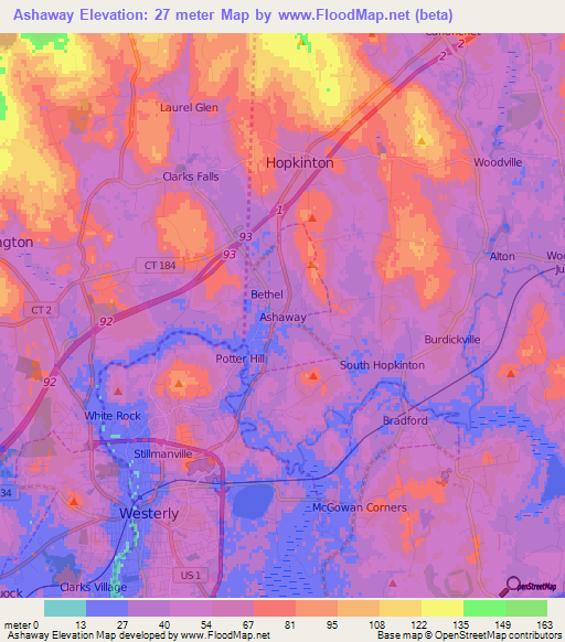 Ashaway,US Elevation Map