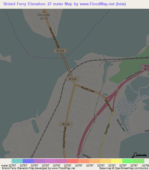 Bristol Ferry,US Elevation Map