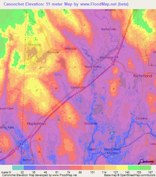 Canonchet,US Elevation Map