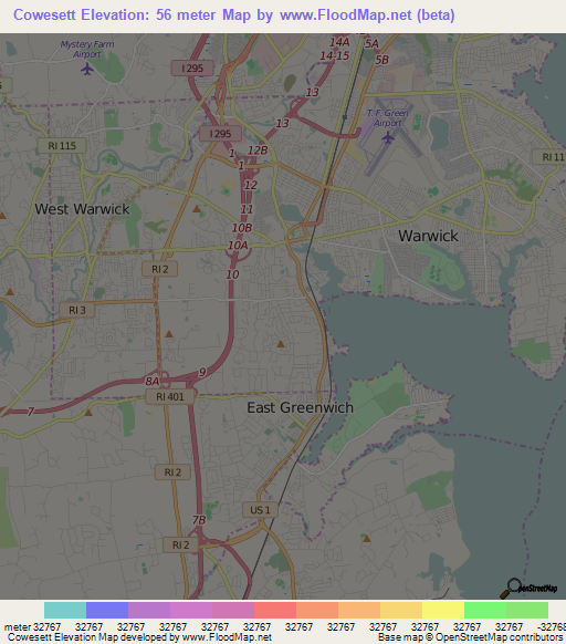 Cowesett,US Elevation Map