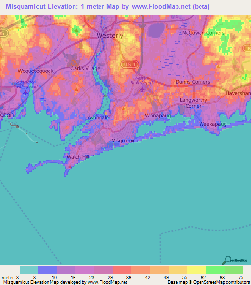 Misquamicut,US Elevation Map