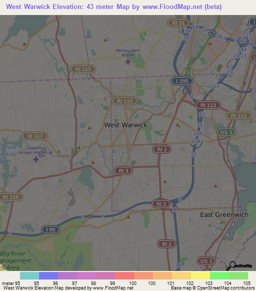 West Warwick,US Elevation Map