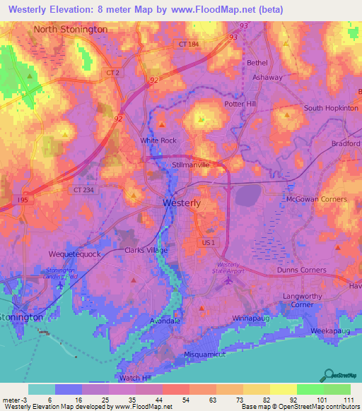 Westerly,US Elevation Map