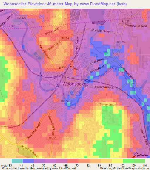 Woonsocket,US Elevation Map