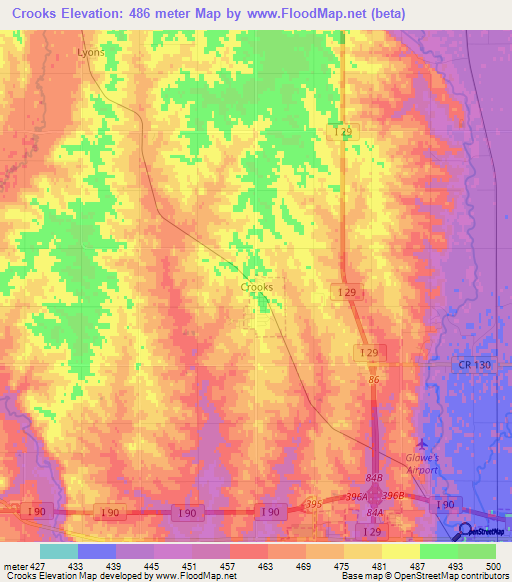 Crooks,US Elevation Map