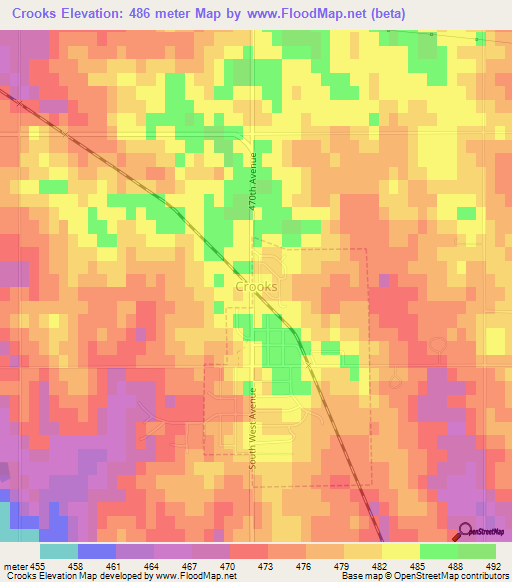 Crooks,US Elevation Map