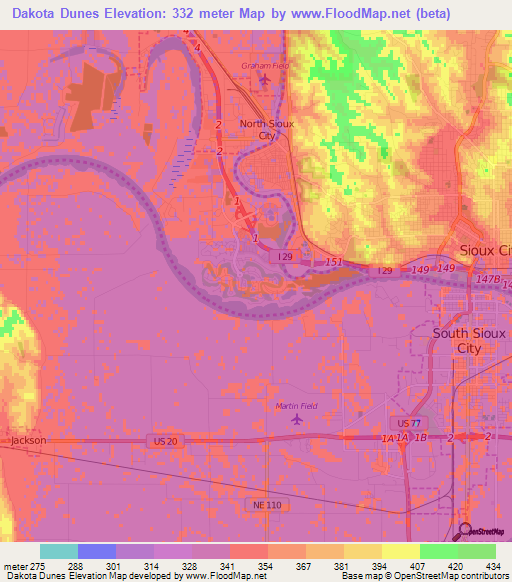 Dakota Dunes,US Elevation Map