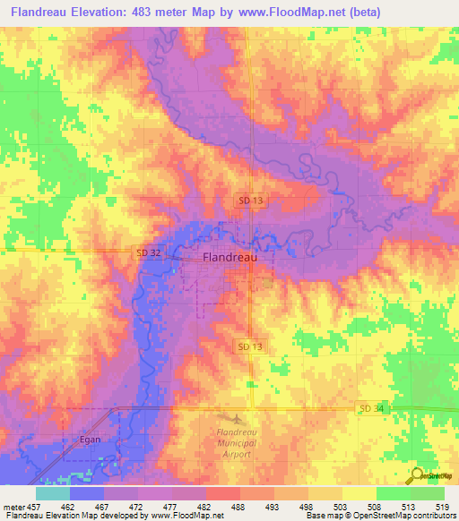 Flandreau,US Elevation Map