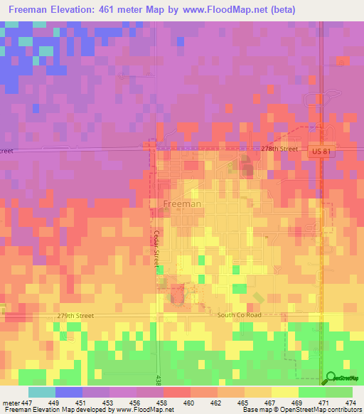 Freeman,US Elevation Map