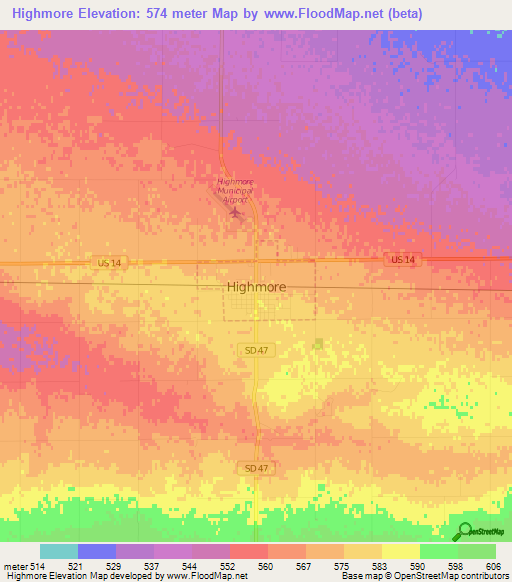 Highmore,US Elevation Map