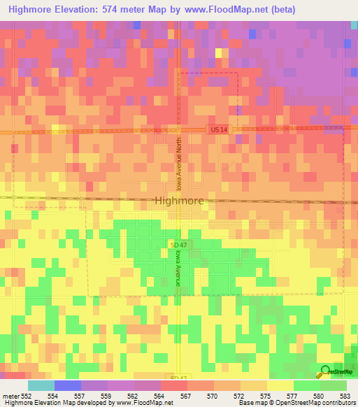 Highmore,US Elevation Map