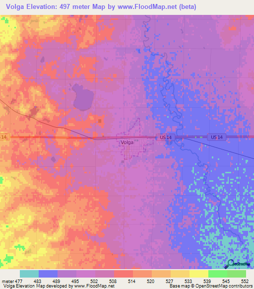 Volga,US Elevation Map