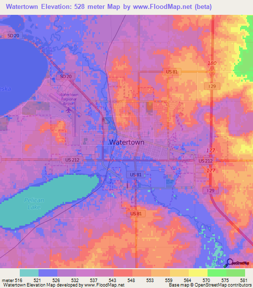 Watertown,US Elevation Map