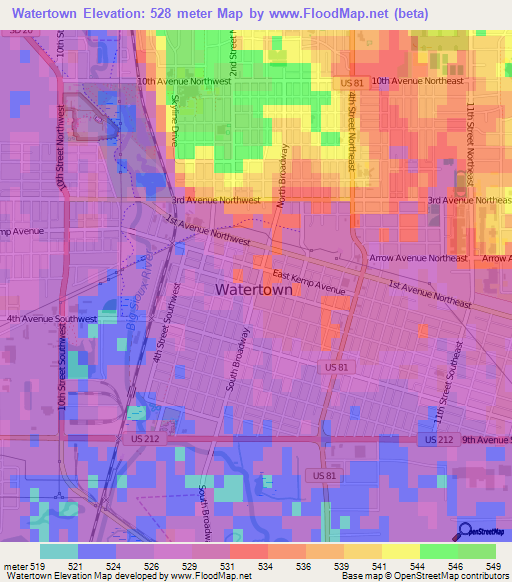 Watertown,US Elevation Map