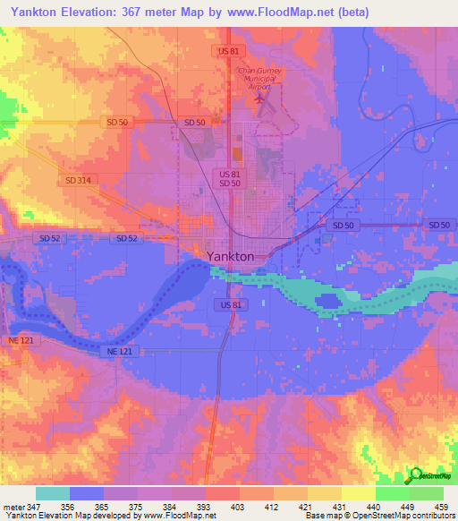 Yankton,US Elevation Map