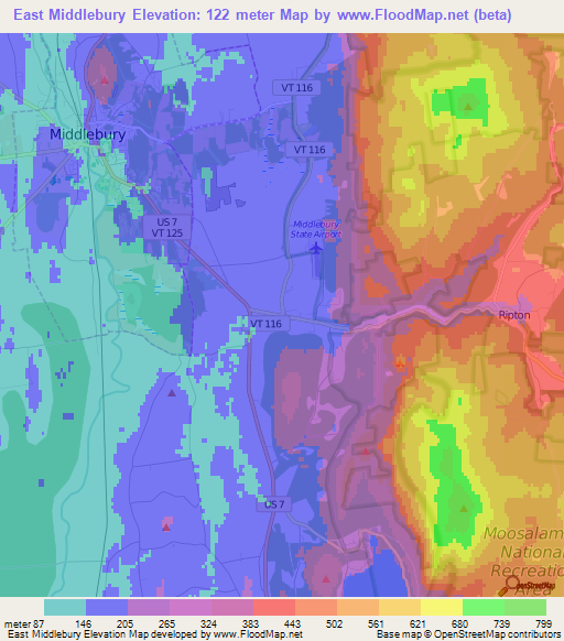 East Middlebury,US Elevation Map