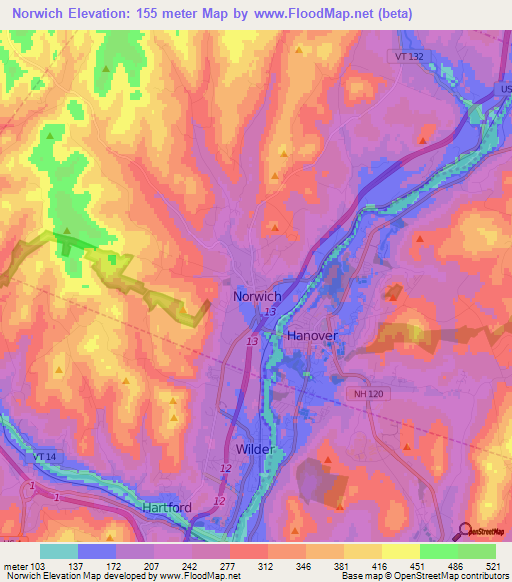 Norwich,US Elevation Map