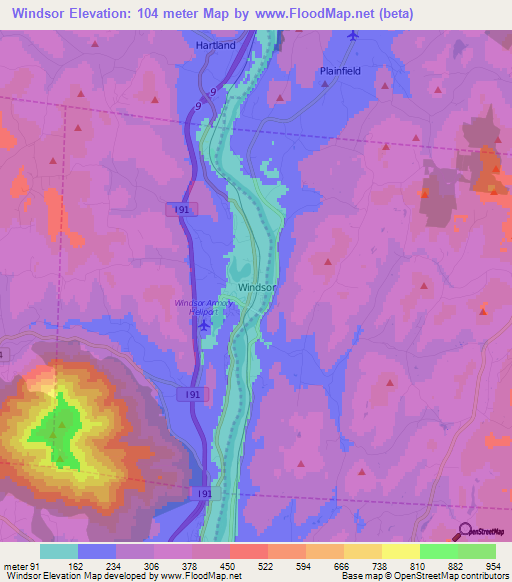 Windsor,US Elevation Map