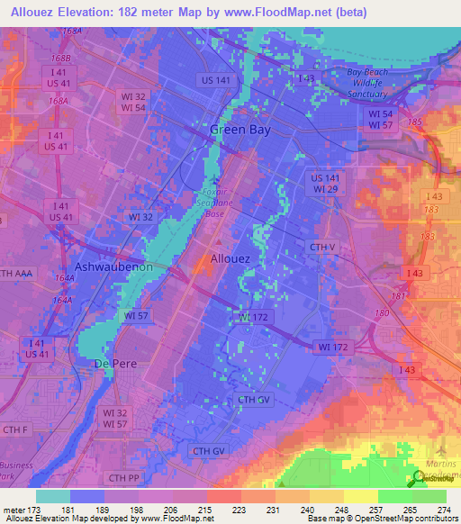 Allouez,US Elevation Map