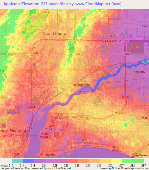 Appleton,US Elevation Map